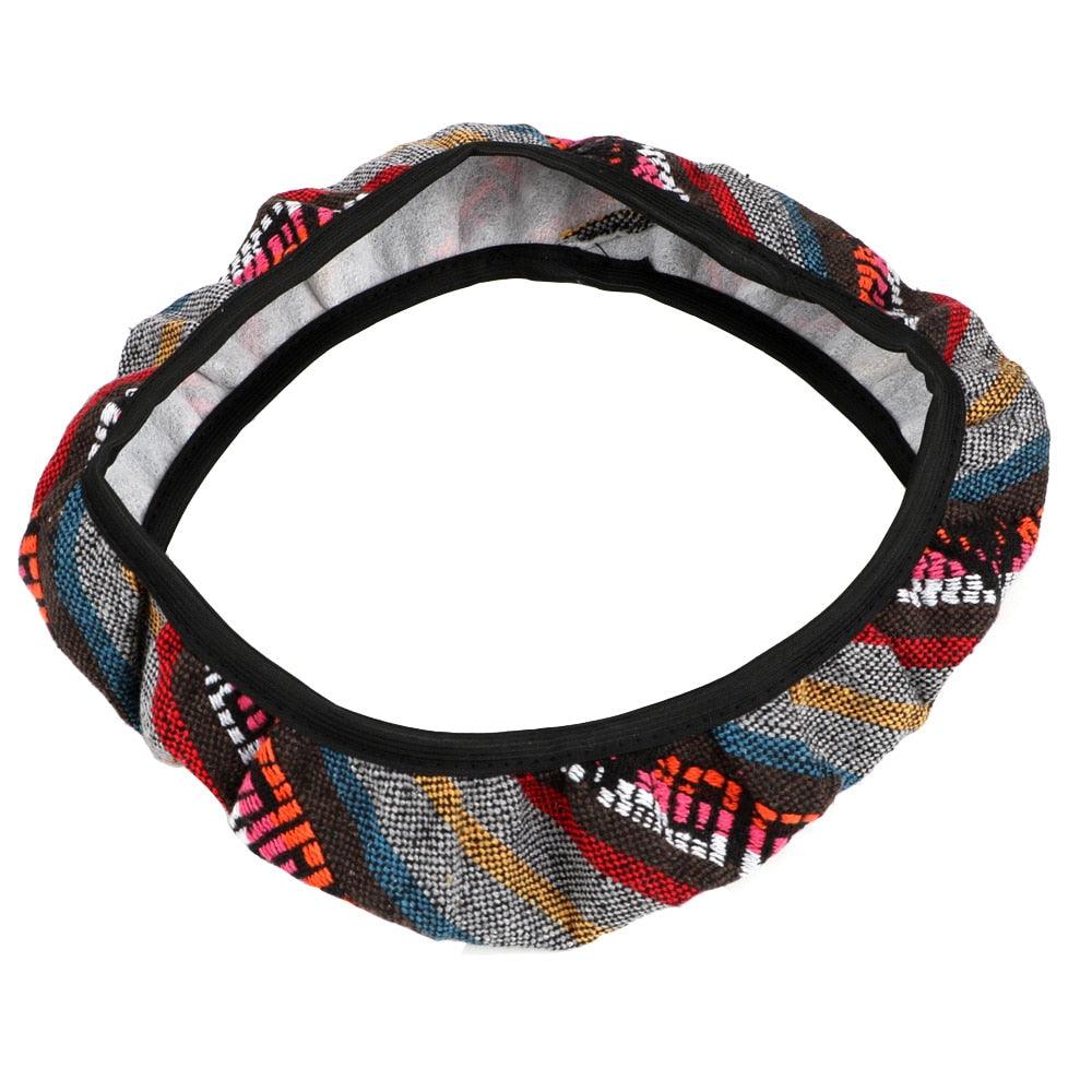 New Baja Blanket Car Steering Wheel Cover Linen Universal Elastic Flax Stripe Cool Interior Car Steering Wheel Cover Ethnic Style Car Accessories Steering Wheel Covers with Cloth for Women Breathable Anti Skid Better Grips Steering Wheel Cover Women